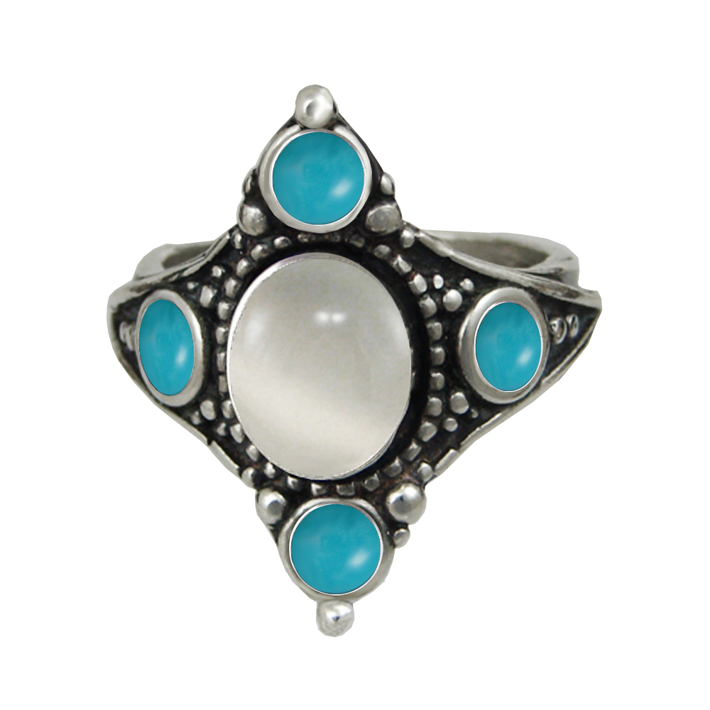 Sterling Silver Renaissance Queen's Ring With White Moonstone And Turquoise Size 6